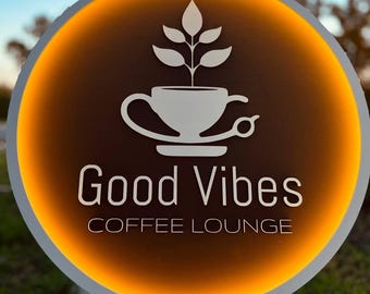 Custom Wooden Sign for a Cafe | Round logo with LED lighting