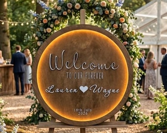 Wooden Wedding Welcome Sign, Light Up Round Wedding Decor, Personalized LED Welcome Sign, Custom Wood Engagement Ceremony Signage
