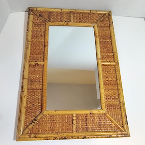 Vintage Burnt Bamboo Mirror Rattan Frame 14x20&#39;&#39; Tiki Coastal Boho Decor Small Wall Mirror Tropical Vibe Mid Century Style