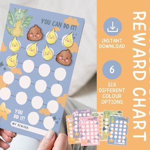 May include: A blue and yellow printable potty training reward chart with a cartoon dragon, poop, and raindrops. The chart has 25 circles to mark progress and says "You can do it!" and "You did it!" with a space for a reward.