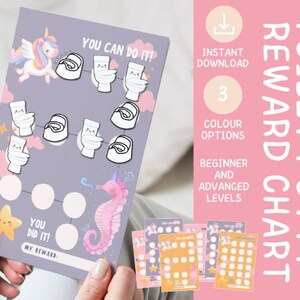 May include: A printable toilet training reward chart with a unicorn, stars, and a seahorse. The chart has spaces for stickers or stamps to track progress. It includes the text "You Can Do It!" and "You Did It!"