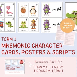 May include: Early literacy resource pack with mnemonic character cards, posters, and scripts. The image shows colorful illustrations of characters such as Stella Snake, Alby Alligator, and Monster Max. Text includes "TERM 1" and "EARLY LITERACY PROGRAM".