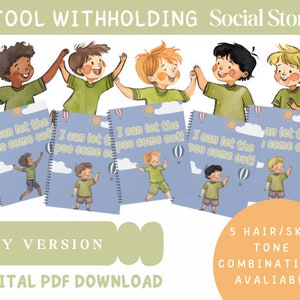 May include: Five illustrated versions of a social story book for children about stool withholding. Each book cover features a boy with different hair and skin tones. The book title is "I can let the poo come out!"