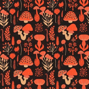 May include: A repeating pattern featuring stylized orange mushrooms, leaves, and other botanical elements on a dark background. The design includes various mushroom shapes, fern-like fronds, and small butterflies, creating a whimsical, nature-inspired aesthetic.