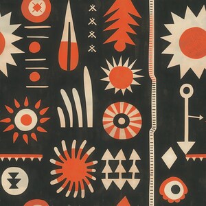 May include: A repeating pattern featuring stylized orange and white geometric shapes on a dark background. The design includes sunbursts, tree-like forms, and other abstract elements, creating a bold and graphic aesthetic. The overall theme is a vintage or folk art style.