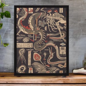 Japanese Cryptid Anatomy Seamless Pattern – Ukiyo-e Yokai Dissection, Edo Scientific Manuscript, Vintage Mythology