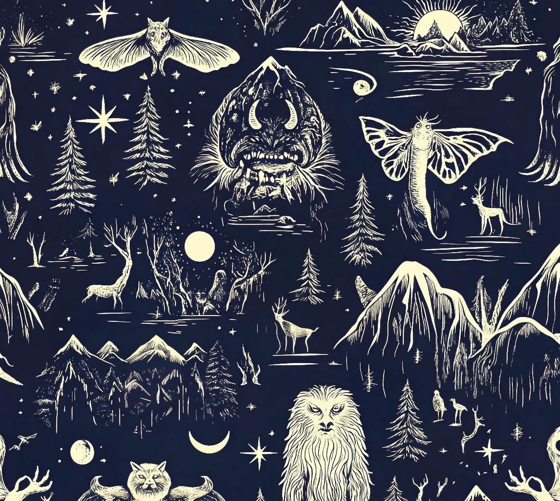 Cryptid Seamless Pattern With Mythical Creatures, Forest Design - Etsy