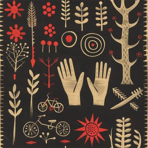 May include: A black and beige folk art illustration featuring stylized trees, flowers, and hands. Red accents highlight the design, including a bicycle and arrow. The artwork has a textured appearance and a decorative border.