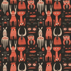 May include: A repeating pattern of whimsical creatures and faces in shades of orange, cream, and black. The design features stylized owls, cats, and other fantastical figures with large eyes and horns, creating a playful and imaginative aesthetic.