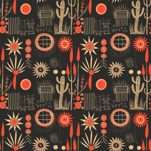 May include: A repeating pattern featuring stylized desert motifs. The design includes cacti, sunbursts, and geometric shapes in shades of orange and beige against a dark gray background. The overall aesthetic is reminiscent of Southwestern art.