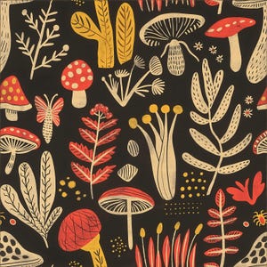 May include: A whimsical pattern featuring a variety of mushrooms, leaves, and floral elements in red, yellow, and white against a black background. The design includes detailed illustrations of different mushroom types and botanical forms.