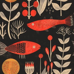 May include: A repeating pattern featuring stylized red fish and botanical elements on a black background. The design includes white and cream-colored leaves, berries, and floral shapes. The fish have detailed scales and fins.