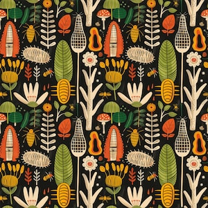 May include: A repeating pattern featuring stylized illustrations of plants and insects on a black background. The design includes green leaves, orange and yellow insects, white flowers, and orange and red mushrooms. The overall theme is nature and botanical.