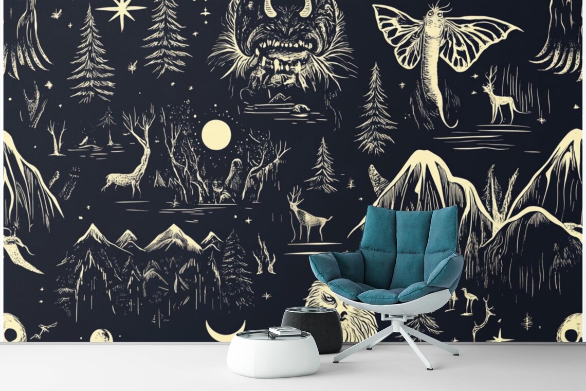 Cryptid Seamless Pattern With Mythical Creatures, Forest Design - Etsy