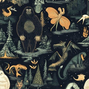 May include: Dark blue illustration featuring various mythical creatures and forest elements. The design includes a large, hairy Bigfoot, a winged dragon, and a large moth, along with trees and other forest details. The artwork has a vintage, storybook style.