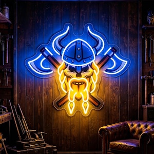 Viking Warrior Neon Sign, UV Printed LED Light, Norse Axe Wall Decor