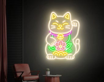 Waving Lucky Cat Neon Sign, Japanese Fortune Wall Art, Restaurant Bar Decor