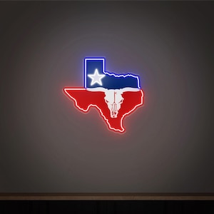 Letrero de neón de Texas Longhorn Bull, decoración de pared con el mapa de Texas, arte de pared de los Longhorns, decoración de dormitorios universitarios, luz LED del oeste de Texas, regalos de Texas