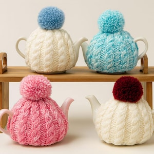 Handmade Knitted Cable Teapot Cosy with Pompom – fits a 2 Cup Teapot