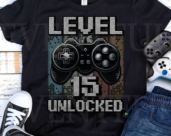 Livello 15 sbloccato Maglietta, Maglietta per il 15° compleanno da gamer per ragazzo di 15 anni, Maglietta di compleanno 15, Maglietta di compleanno per giocatori