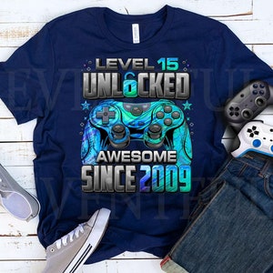 Chemise déverrouillée niveau 15, chemise Gamer 15e anniversaire pour garçon de 15 ans, chemise anniversaire 15, chemise géniale depuis 2010 pour les joueurs