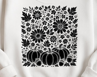 Sudadera con estampado de calabaza y flores de otoño / Suéter acogedor con margaritas otoñales / Atuendo para Acción de Gracias / Suéter estético de otoño / Cuello redondo de calabaza