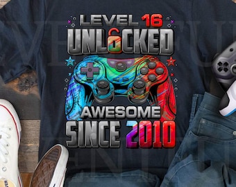 level 16 Unlocked Shirt, Gamer 16th birthday Shirt Boy for 16 Year old Birthday boy, Birthday Shirt 16, Awesome Since 2010 Shirt For Gamers
