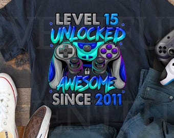 Maglietta sbloccata livello 15, maglietta per il 15° compleanno del giocatore, per ragazzo di 15 anni, maglietta di compleanno 15, maglietta fantastica dal 2011 per giocatori