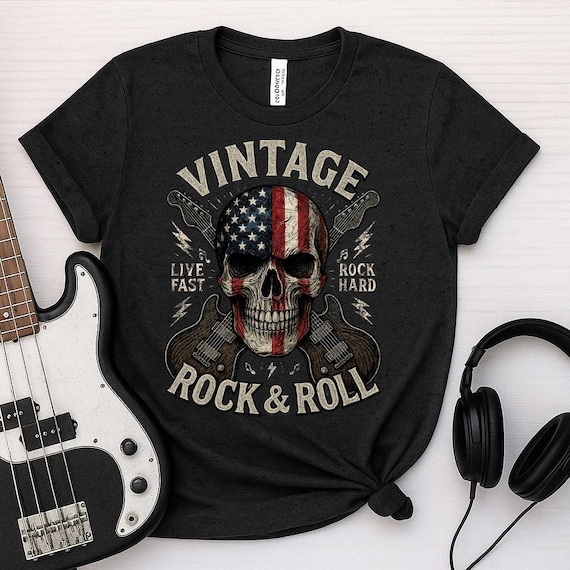 Vintage Rock and Roll Shirt, Skull Guitar T-Shirt, Classic Rock Tee, Retro Music Shirt, Rocker Gift for Men
