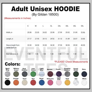 Peut inclure: Tableau des tailles pour sweat &agrave; capuche unisexe adulte, avec mesures en pouces. Le tableau indique la largeur, la longueur et la longueur des manches pour les tailles S &agrave; 5XL. Une palette de couleurs est &eacute;galement pr&eacute;sent&eacute;e.