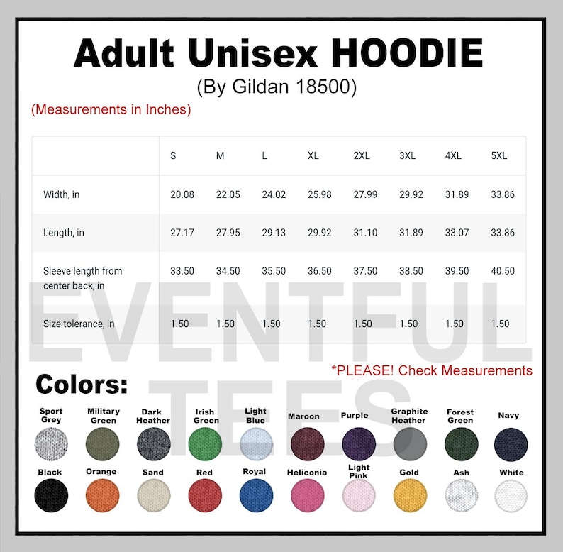 Peut inclure: Tableau des tailles pour sweat &agrave; capuche unisexe adulte, avec mesures en pouces. Le tableau indique la largeur, la longueur et la longueur des manches pour les tailles S &agrave; 5XL. Une palette de couleurs est &eacute;galement pr&eacute;sent&eacute;e.
