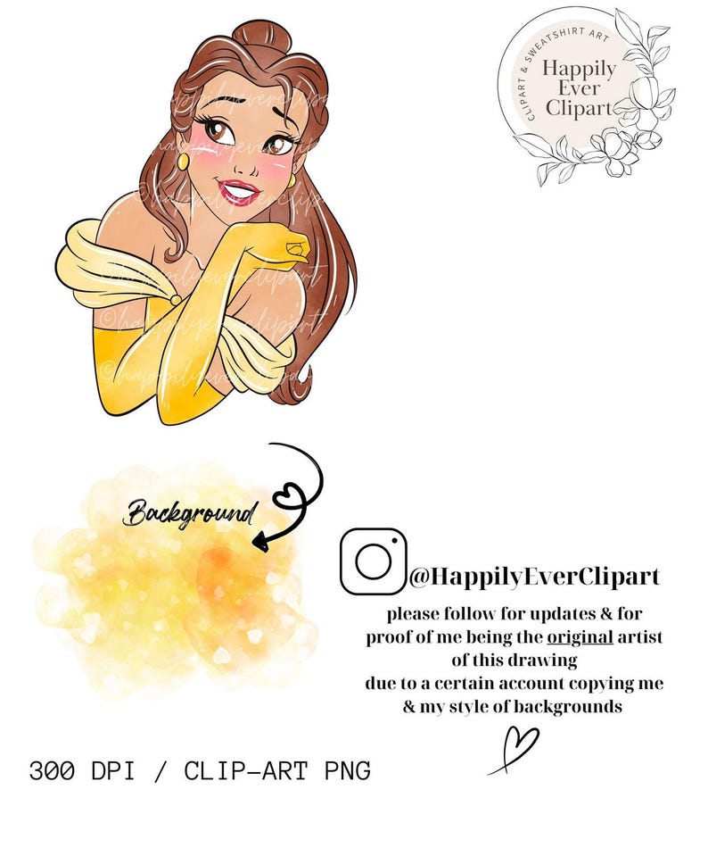 Watercolour Princess Belle Clipart / Belle 300 Dpi Digital Download PNG