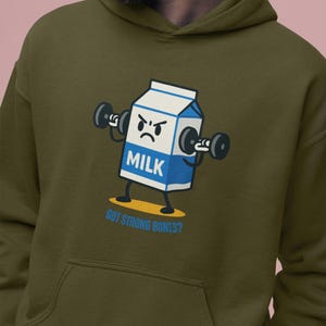 Heb je sterke botten? Milk Cartoon hoodie, grappig sportschoolsweater, uniseks sweatshirt met capuchon, zware mix, fitnesskleding, cadeau voor sportschoolliefhebbers