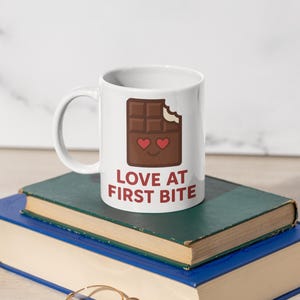 Cute Chocolate Lover&#39;s Coffee Cups, Love at First Bite, Gift for Chocolate Fans, Cute Ceramic Mug, Perfect for Birthdays & Holidays,