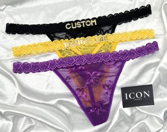 Tanga con nombre personalizado, tanga personalizada con nombre y dijes dorados