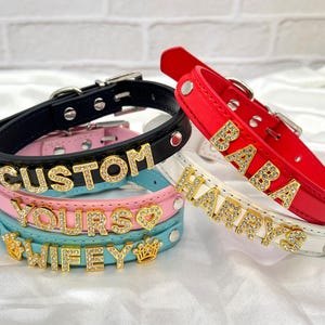 Gargantilla con letras de diamantes personalizadas, gargantilla de cuero, gargantilla con nombre personalizado, gargantilla de cosplay para papá, gargantilla para mujer, regalo para ella