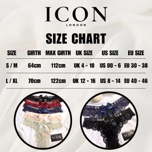 May include: An ICON LONDON size chart displaying measurements in cm for sizes S/M and L/XL, including UK, US, and EU size conversions. Below, two circular images show lace thongs in various colors with bows and text like CUSTOM and DADDY.