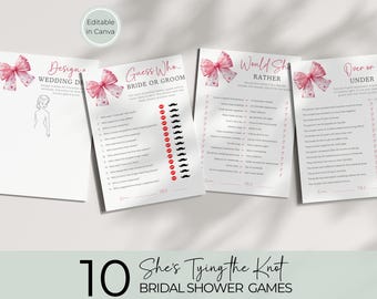 Pink She's Tying the Knot Bridal Games Bundle, Editable Printable Bridal Shower Activities, Fun Party Game Templates, Bachelorette WS011