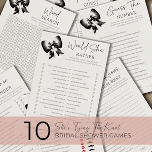 Black Bow Bridal Shower Games Printable Bundle, Editable Coquette Template for Modern Party Fun Activities WS012