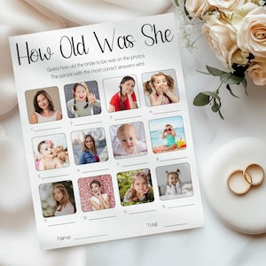 Spel hoe oud was de bruid, bewerkbare sjabloon vrijgezellenfeest, raad haar leeftijd, afdrukbaar fotospel, leuke activiteit