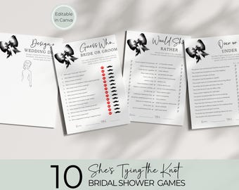 Black Bow Bridal Shower Games Printable Bundle, Editable Coquette Template for Modern Party Fun Activities WS012