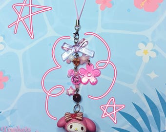 Kawaii Melody Phone Charm - Gashapon Toy, Heisei Retro Trinket, Handmade Bag Keychain, Deco Beaded Accessory