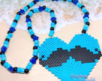 Schnurrbart Kandi Perler Halskette - Blau Schwarz 2010 Szene Emo Webcore Kawaii Rave Y2K Decora Kei Accessoires Perlenschmuck