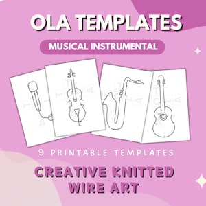 Puede incluir: Nueve plantillas imprimibles para crear arte de alambre de instrumentos musicales. Las plantillas incluyen un micrófono, un violín, un saxofón y una guitarra.