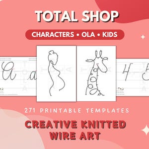 Op de afbeelding: Een set van 271 printbare sjablonen voor het maken van creatieve gebreide draadkunst. De sjablonen bevatten personages, cijfers en letters. De afbeelding toont een zwangere vrouw, een giraffe en de cijfers 4 en 5.