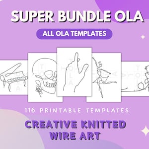 Könnte beinhalten: Ein Satz von fünf druckbaren Vorlagen zum Erstellen von Drahtkunst. Die Vorlagen zeigen ein Klavier, einen Schädel, eine Hand, eine Ballerina und eine sitzende Person. Der Text "SUPER BUNDLE OLA" und "ALL OLA TEMPLATES" befindet sich oben im Bild. Der Text "116 PRINTABLE TEMPLATES" und "CREATIVE KNITTED WIRE ART" befindet sich unten im Bild.