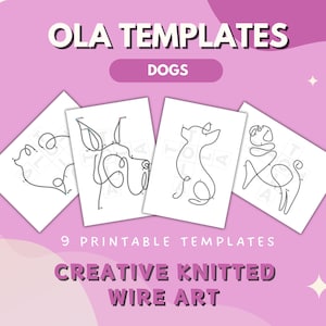 May include: Nine printable templates for creative knitted wire art featuring different dog breeds. Each template has a dotted line outline of a dog to be followed with wire.