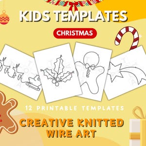 May include: A Christmas-themed image with the text "KIDS TEMPLATES CHRISTMAS" and "12 PRINTABLE TEMPLATES". The image shows line drawings of festive shapes, including a reindeer, holly, gingerbread man, and star. A gingerbread man and candy cane are also visible.