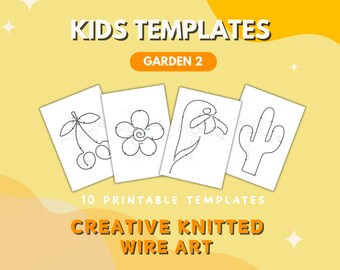 May include: Printable templates for creating knitted wire art. The templates feature a cherry, flower, snowdrop, and cactus. The text "KIDS TEMPLATES GARDEN 2" and "10 PRINTABLE TEMPLATES CREATIVE KNITTED WIRE ART" is included.