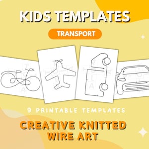 Könnte beinhalten: Neun druckbare Vorlagen zum Erstellen von gestrickter Drahtkunst. Die Vorlagen zeigen Umrisse eines Fahrrads, eines Flugzeugs, eines Lastwagens und eines Autos. Die Vorlagen sind in Schwarzweiß und für Kinder konzipiert.